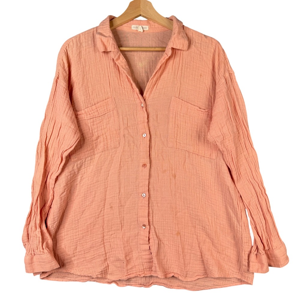 Eileen Fisher Organic Cotton Double Gauze Button Down Shirt Peach Medium S19GBA